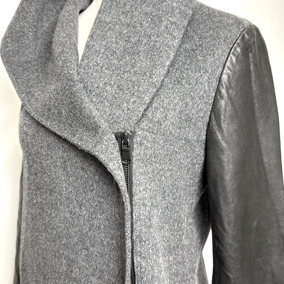 Vince Gray and Black Wool and Leather Asymmetrical Zip Coat Shawl Collar - Picture 7 of 16